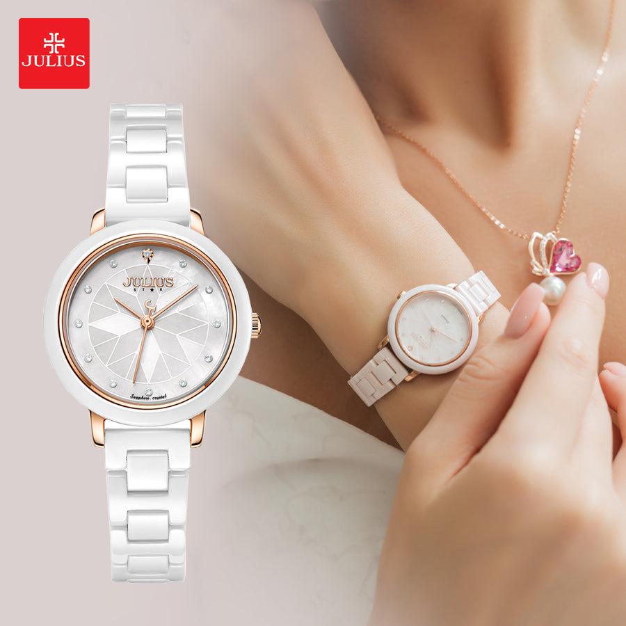 Đồng Hồ Nữ Chính Hãng Julius Cao Cấp Dây Đá Ceramic Mặt Tròn Chống Nước Kính Sapphire Đường Kính 30mm JS-062A