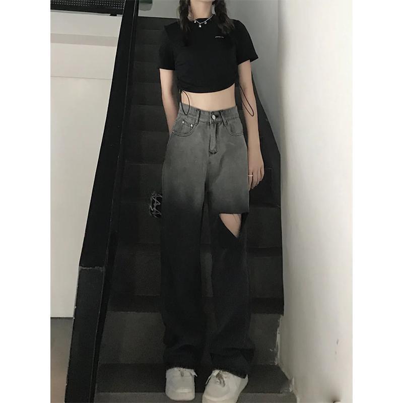 Quần jean Quần bò loang ống rộng BIG SIZE unisex màu đen khói dài ống đứng style Ulzzang dành cho nữ PHULA