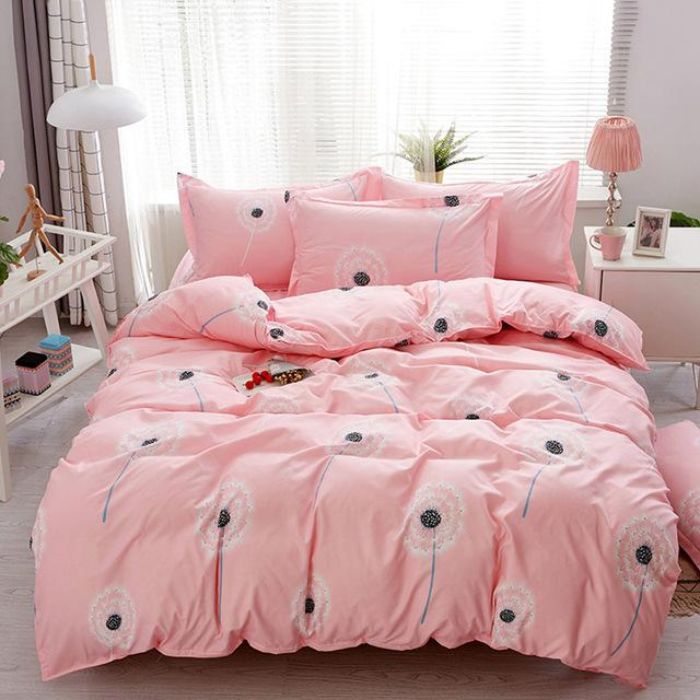 Bộ chăn ga gối Cotton cao cấp 1m6x2m hồng hoa trắng