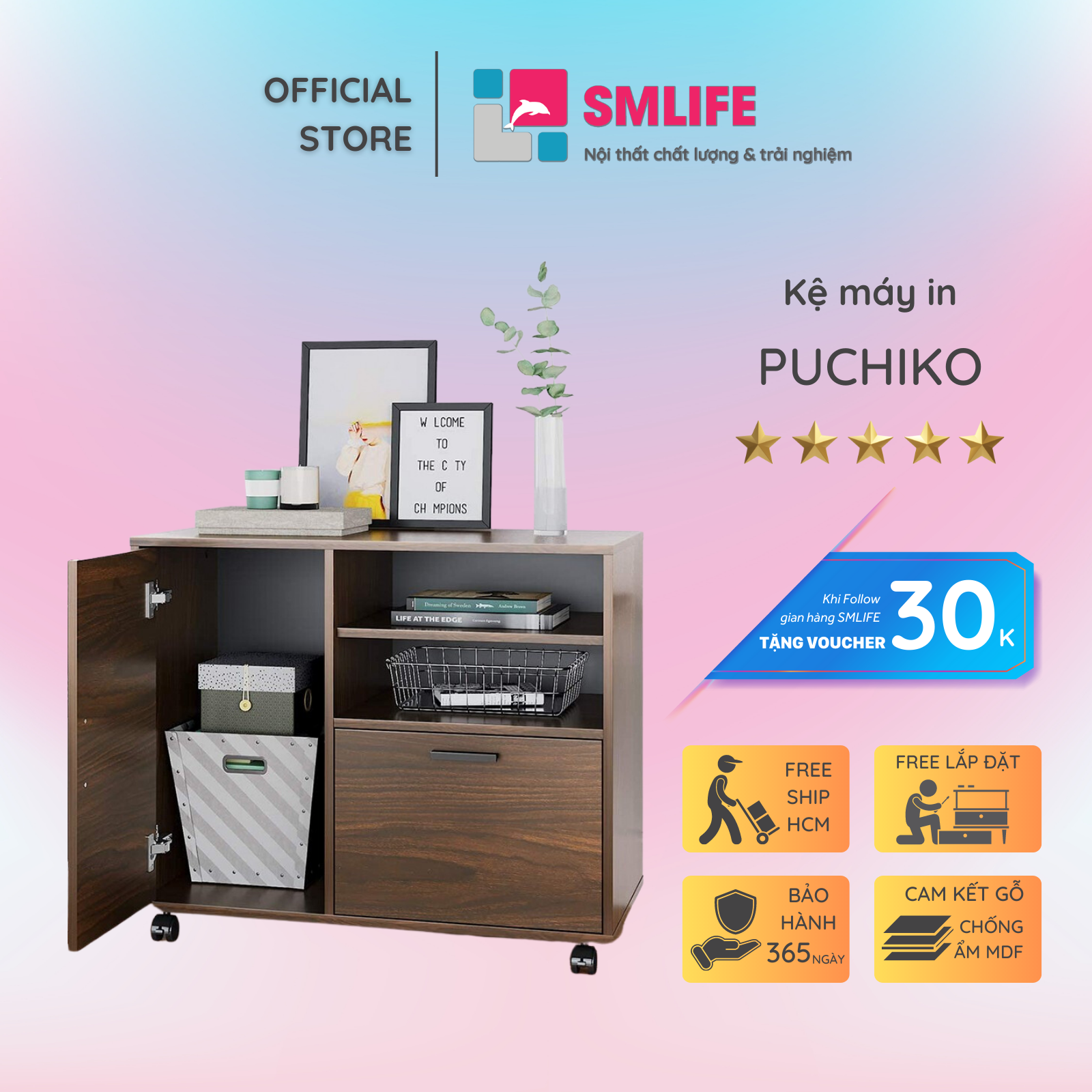 Kệ để máy in gỗ hiện đại SMLIFE Puchiko | Gỗ MDF dày 17mm chống ẩm | D80xR40xC71cm