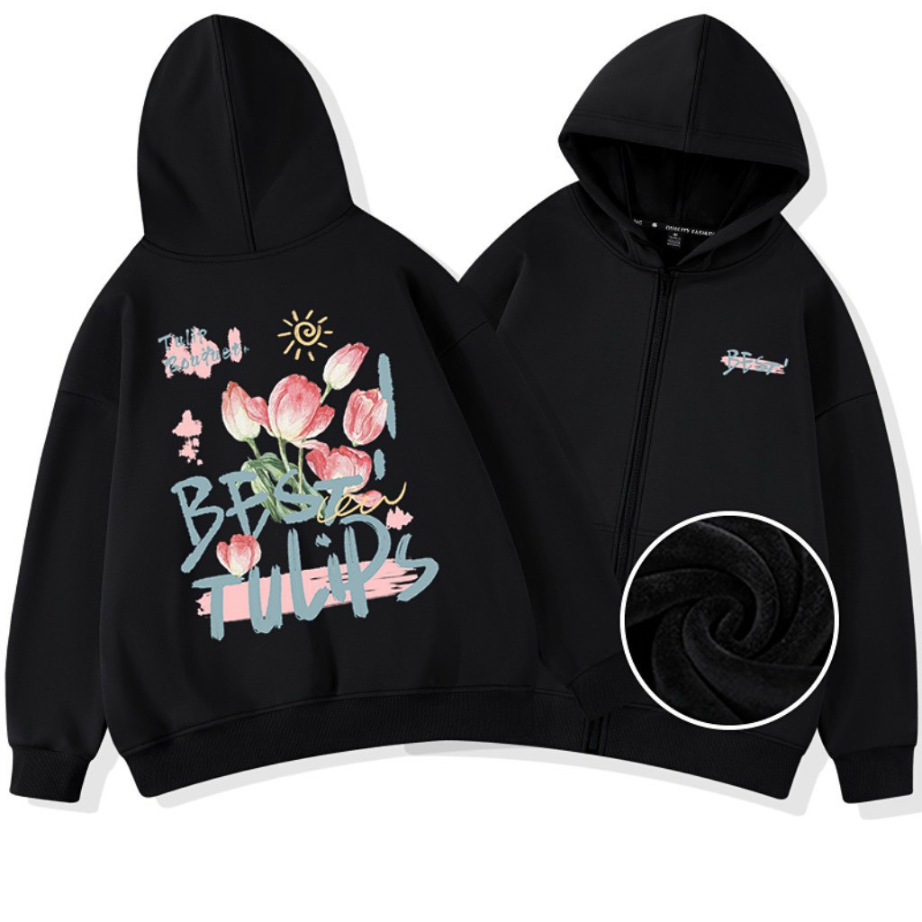 Áo Hoodie Zip Tulips Local Brand Bom House Basic Nam Nữ Form Rộng Ulzzang Unisex, áo hoodie best tulip