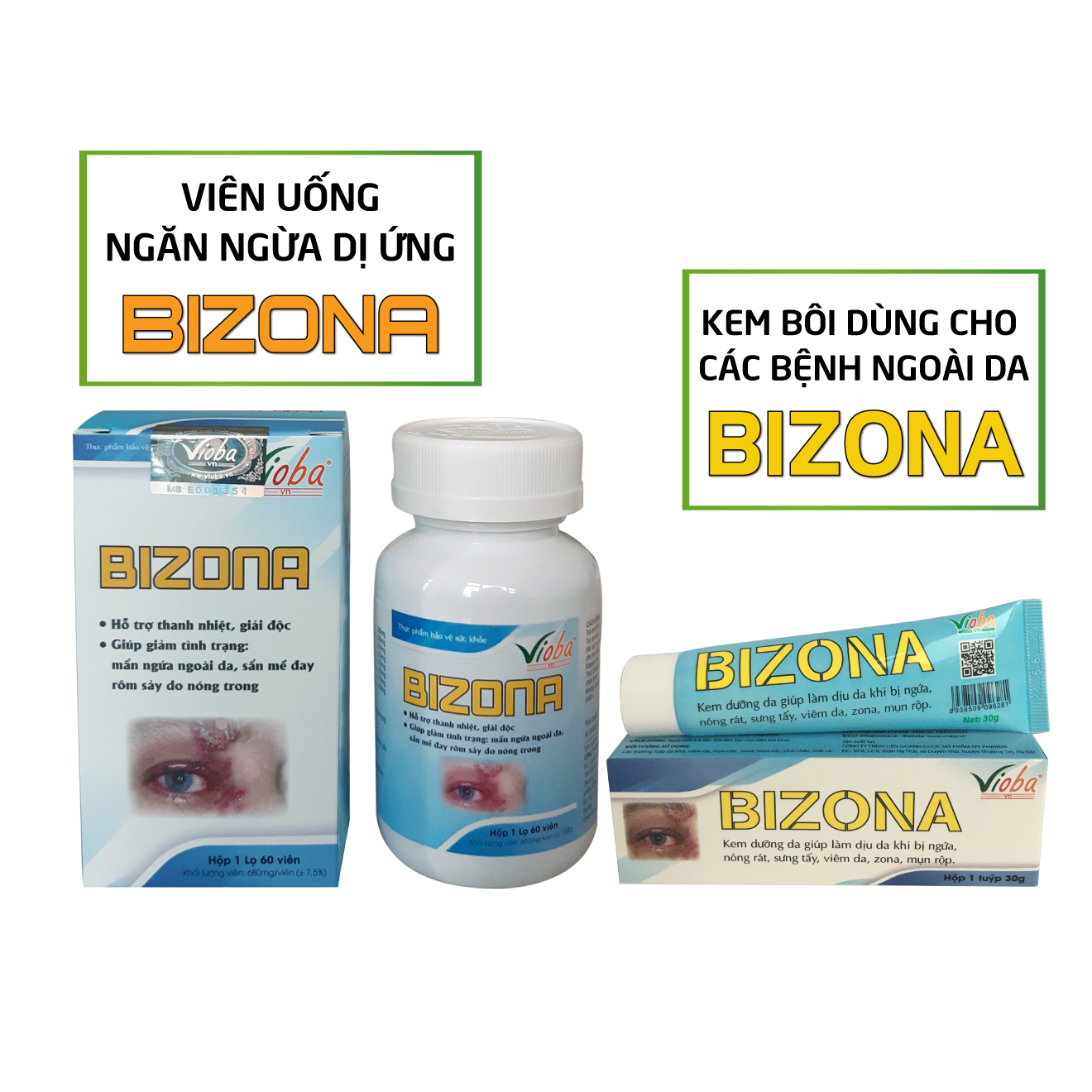 Bộ đôi kết hợp uống và bôi ngoài da: Bizona và kem Bizona - Giải độc dị ứng, giảm mẩn ngứa ngoài da, sẩn mề đay, rôm sảy. Giảm đau bụng, tiêu chảy, buồn nôn do dị ứng thức ăn. Sản phẩm của Vioba, hộp 60 viên &amp; tuýp 30g