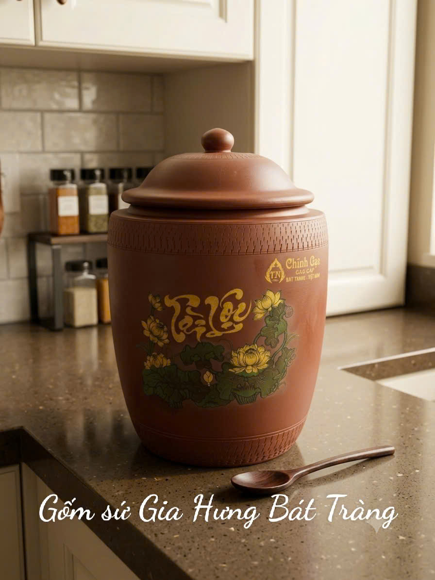 Hũ sành đựng gạo vẽ sen gốm Gia Hưng Bát Tràng