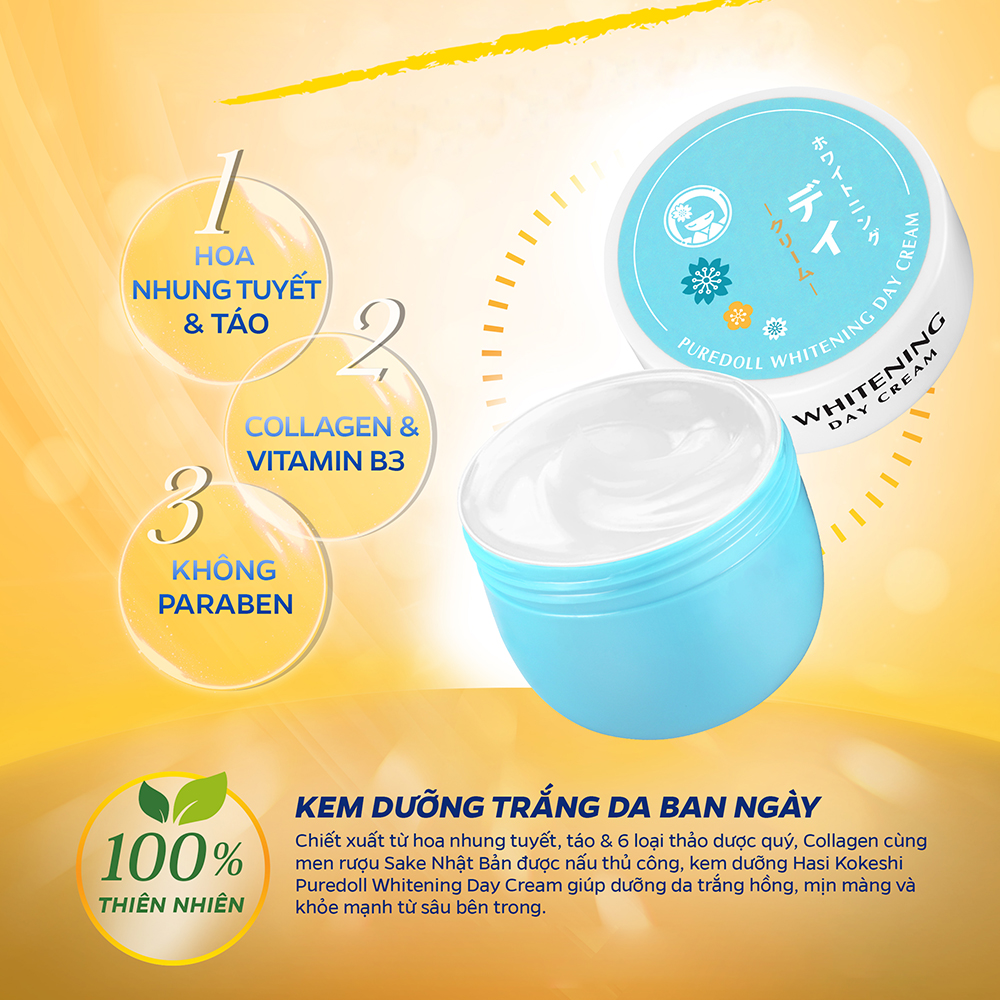 Kem Dưỡng HASI Kokeshi Trắng Da BAN NGÀY Collagen &amp; Hoa Nhung Tuyết