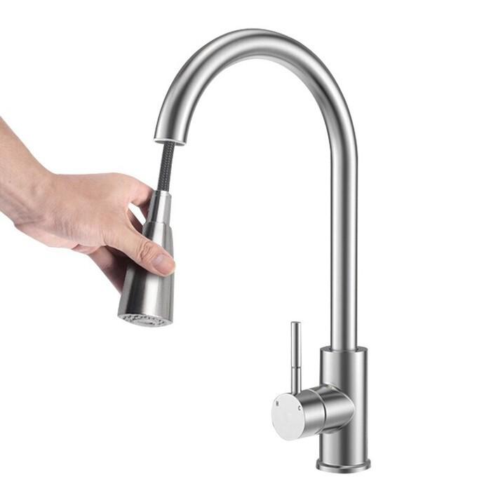 Vòi bồn rửa chén bát nóng lạnh có dây rút bằng Inox 304 cao cấp