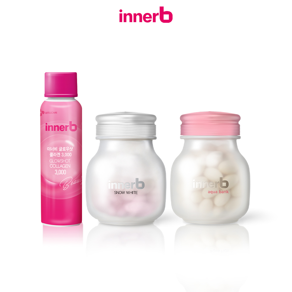 Combo 3 thực phẩm bảo vệ sức khỏe InnerB Aqua Bank (56 viên) + Viên uống hỗ trợ sáng da InnerB Snow White (28g) & Hộp 6 chai nước uống InnerB Glowshot (50mlx6)