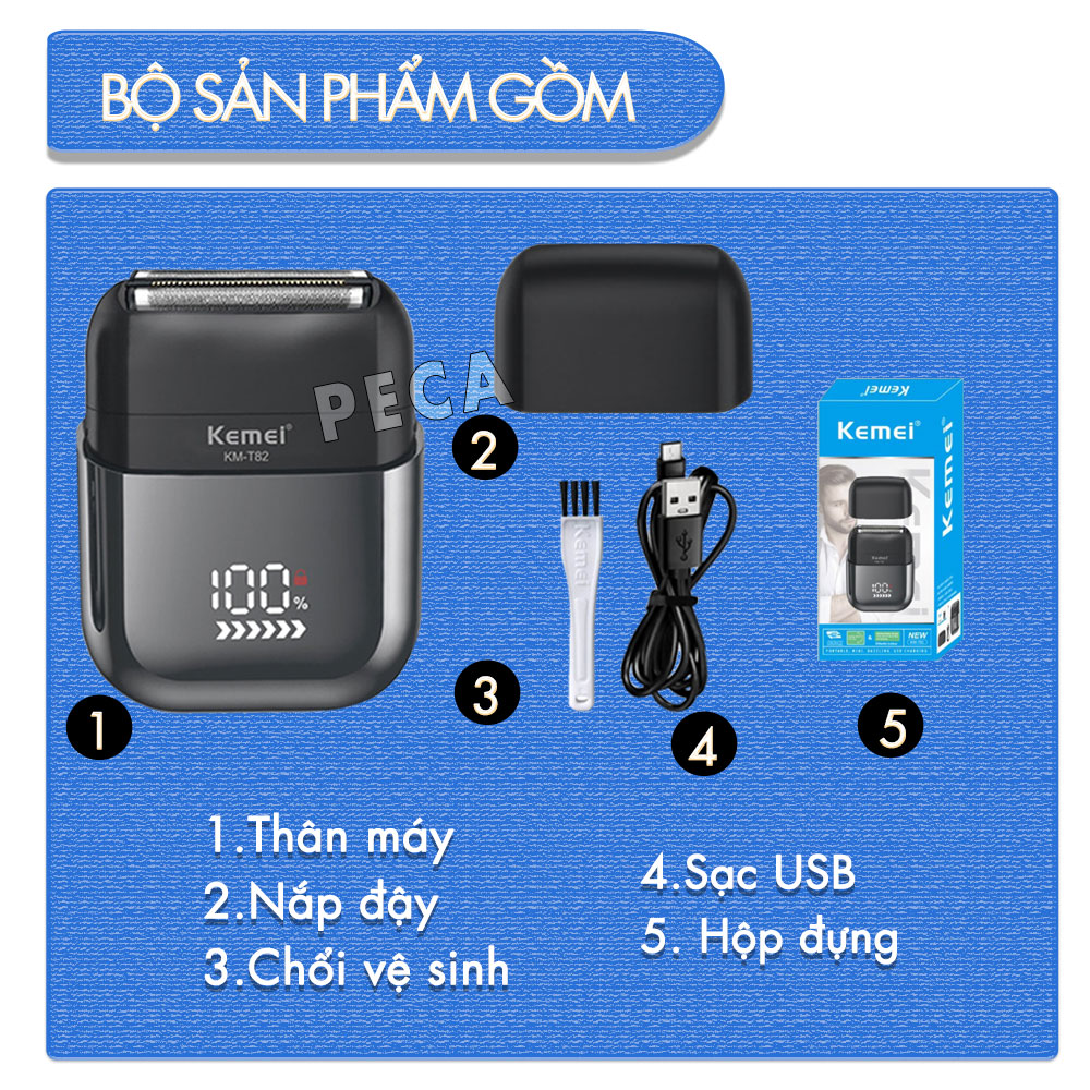 Máy cạo râu mini lưỡi kép Kemei KM-T82 màn hình LCD, công suất 5w mạnh mẽ cảm biến râu thông minh - Hàng chính hãng