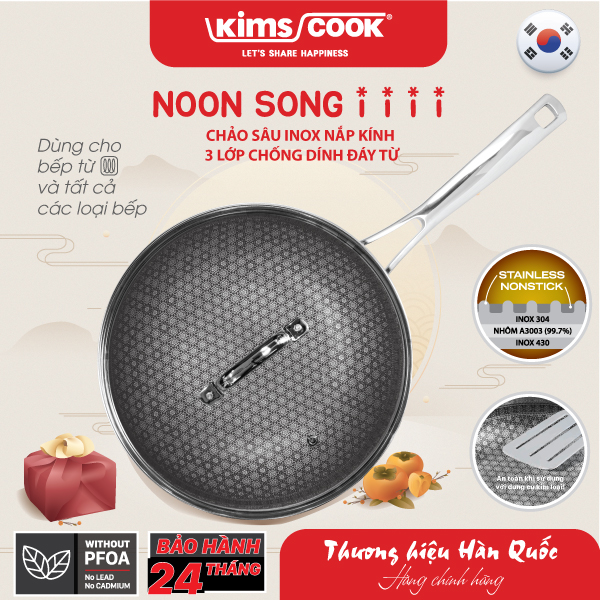 Chảo sâu KIMS COOK Noon Song inox 3 lớp đáy từ nắp kính chống dính 2 mặt