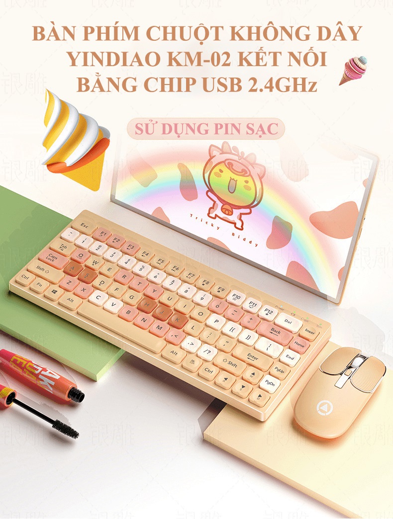 Bộ bàn phím và chuột không dây 84 phím YINDIAO KM-02 kết nối bằng chip USB sử dụng pin sạc với thiết kế mini - HÀNG CHÍNH HÃNG