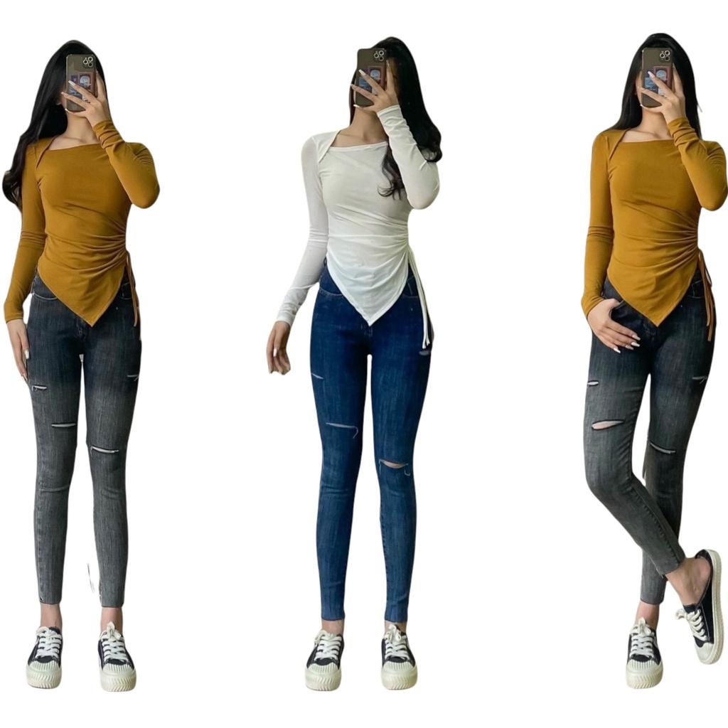 Quần jean dài BIGSIZE Lưng cao, màu xám lông chuột loang 2 màu, co dãn mạnh rẻ đẹp cắt rách 3889 Moliruan