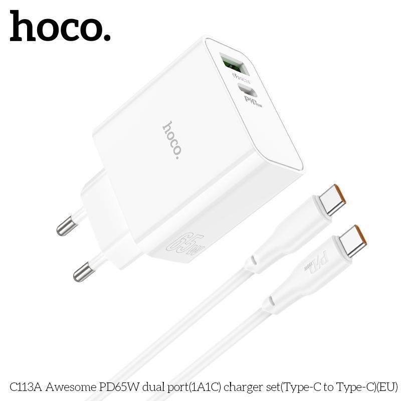Bộ sạc 2 cổng 65W Hoco C113A (1 Type C + 1 USB), củ sạc kèm dây, sạc được cho laptop Type C chống cháy hàng chính hãng Mall Kem Phụ Kiện