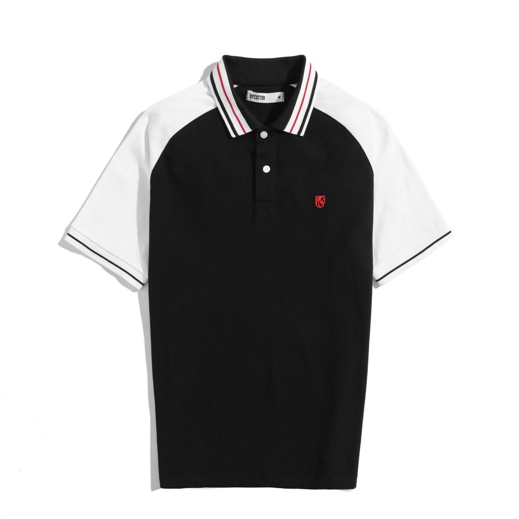 Áo Polo Nam Cao Cấp Có Cổ BY COTTON Raglan Đen Tay Trắng Phối Bo Nam Tính, Thanh Lịch, Sang Trọng, Trẻ Trung