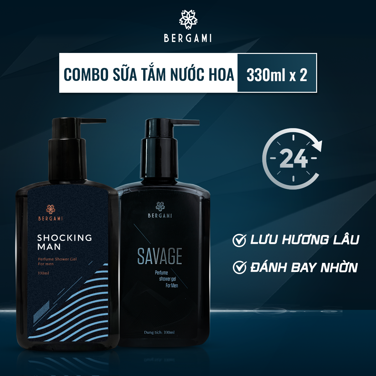 Combo 2 Sữa tắm nam Bergami hương nước hoa nam cao cấp mùi hương quyến rũ &amp; trầm ấm Bergami 330ml