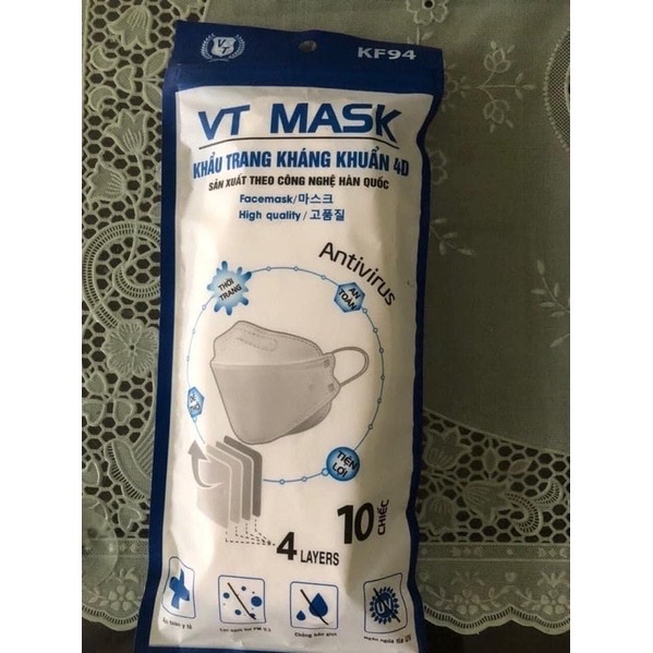 Combo 10 túi ( 100 cái ) khẩu trang 4D  VT MASK  KF94 , công nghệ dập Hàn , thiết kế ôm sát , dây đeo đàn hồi cao , bộ lọc 4 lớp