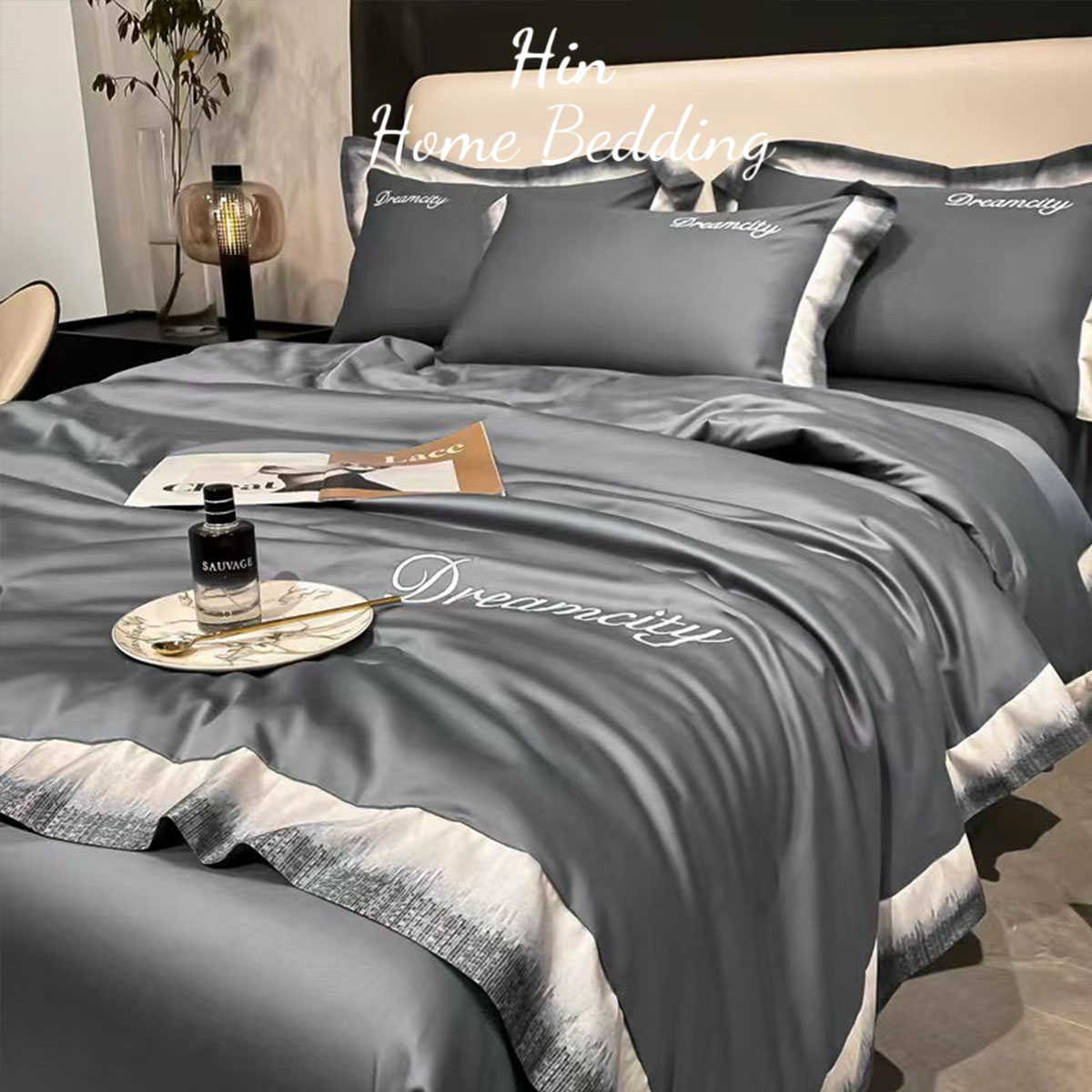 Bộ Chăn Ga Gối Đệm 5 Món Chăn Bông Hin Home Bedding Drap Giường Lụa Mẫu Xám Lông Chuột