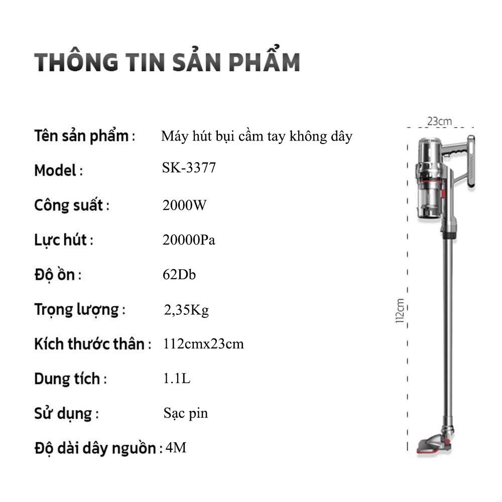 Máy hút bụi cầm tay SOKANY LOẠI SẠC PIN KHÔNG DÂY công suất 2000W lực hút cực mạnh 20000Pa - SK3377 - HÀNG CHÍNH HÃNG - DELIYA