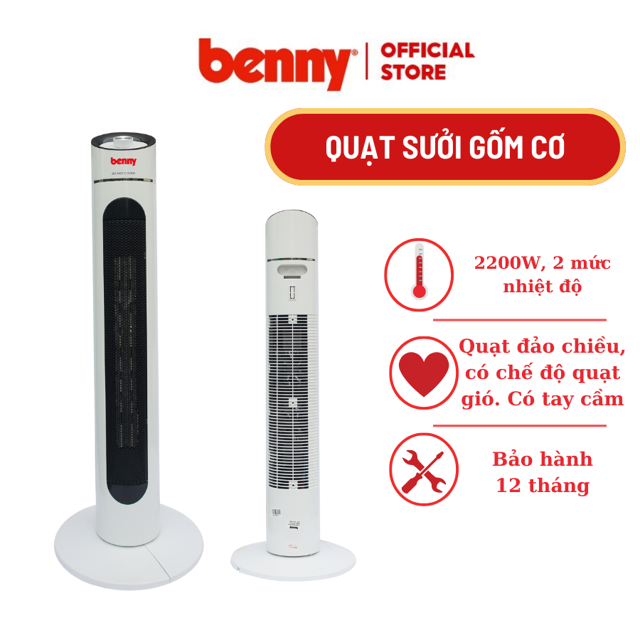 Quạt sưởi gốm cơ Benny BHT2300, 2200W, Black/While- Hàng chính hãng- Bảo hành 1 năm, lỗi 1 đổi 1