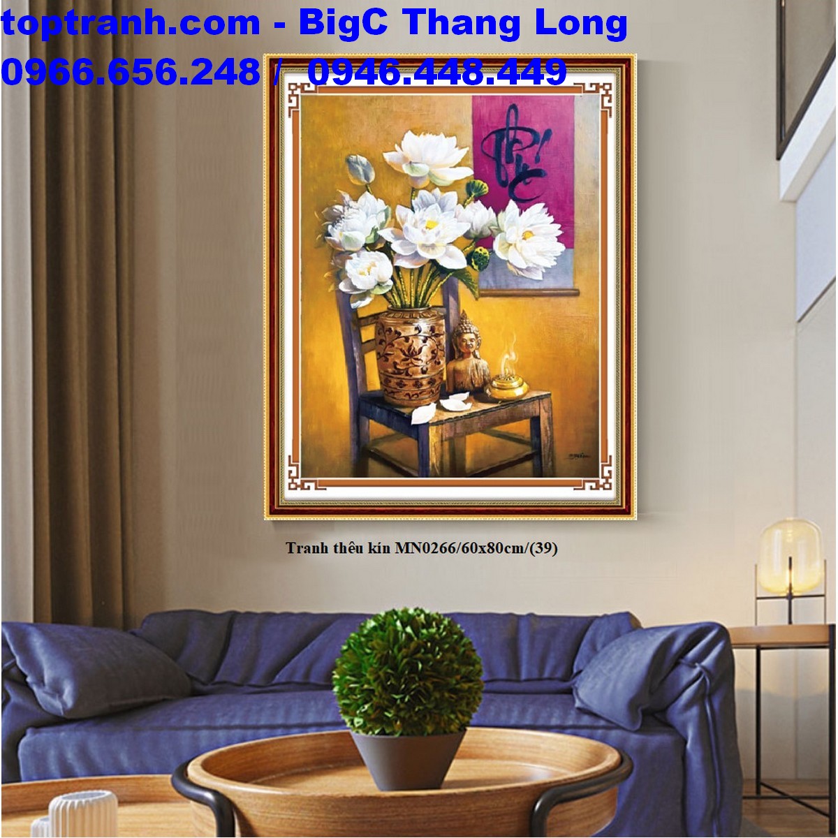 Tranh thêu chữ thập bình hoa sen trắng và chữ Phúc MN0266 chưa thêu