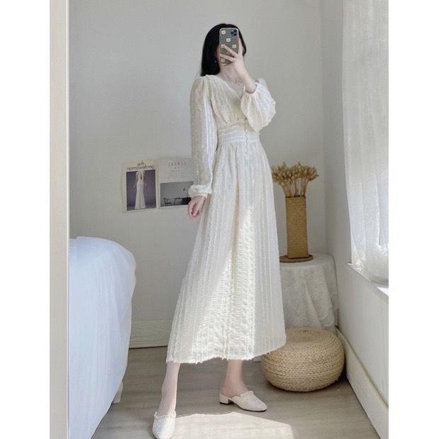 ĐẦM MIDI VOAN NỔI CỔ V ĐÍNH HẠT TAY DÀI 12925