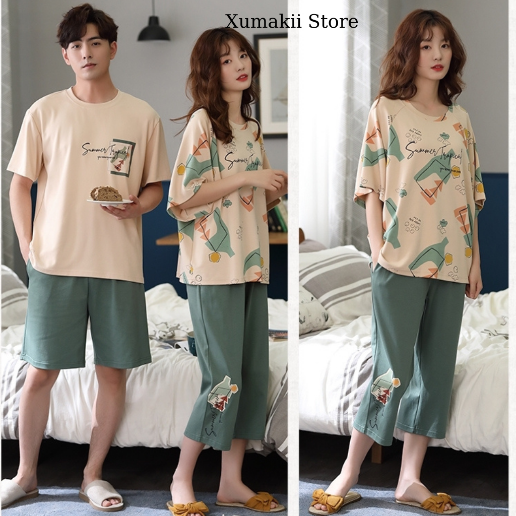 Bộ ngủ đôi nam nữ chất cotton cao cấp hoạ tiết xanh lá DOI01A