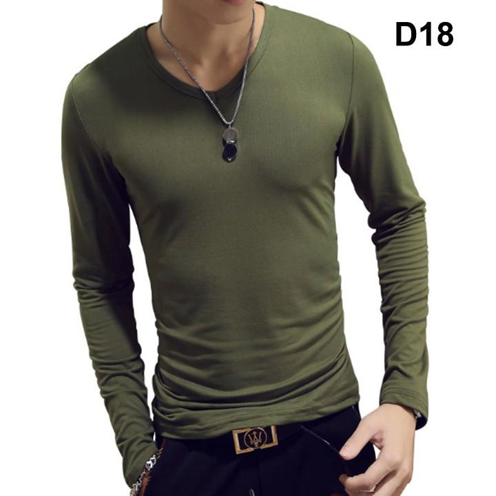 Áo thun nam cao cấp dài tay cổ tim vải cotton dáng ôm đơn giản, sang trọng, lịch lãm