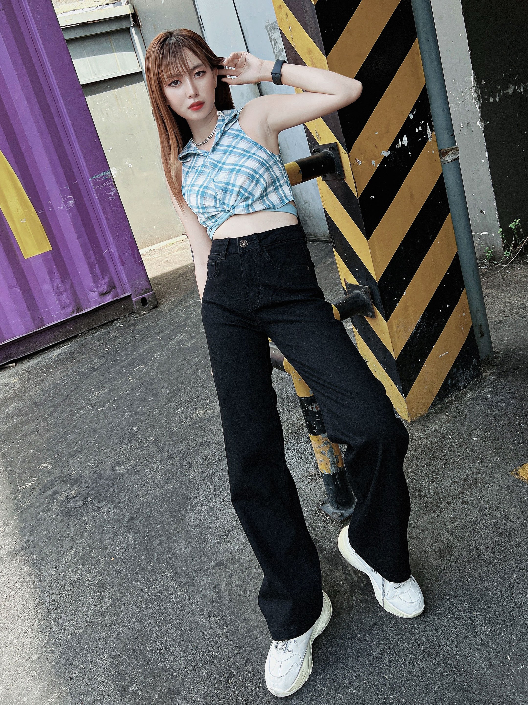 Quần Jeans ống suông đứng cạp cao dáng dài 2 màu đen và xám HQJEANS