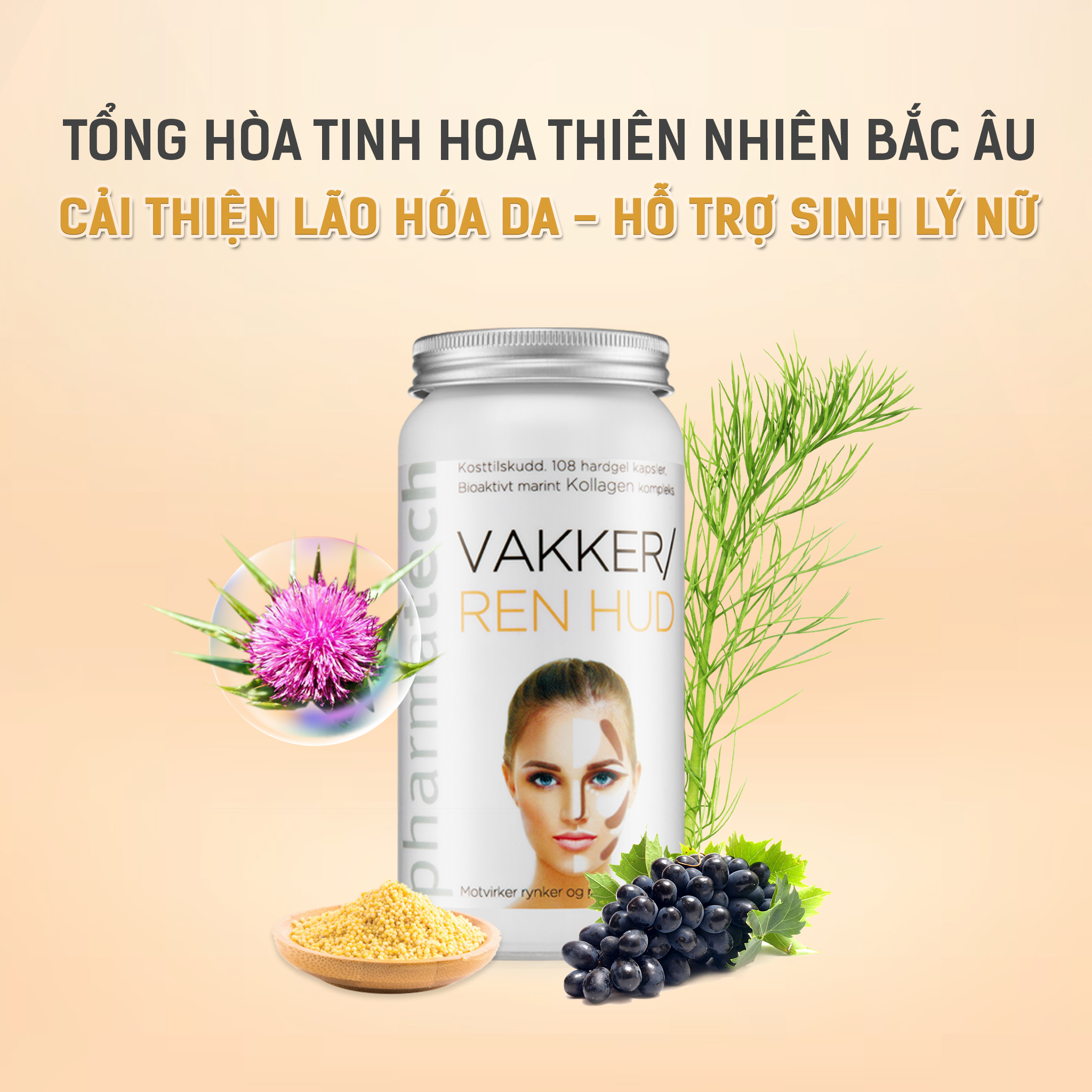 Viên nang hỗ trợ cải thiện nám và lão hóa da Pharmatech Cho Người lớn Vakker/Ren Hud Lọ 108 Viên