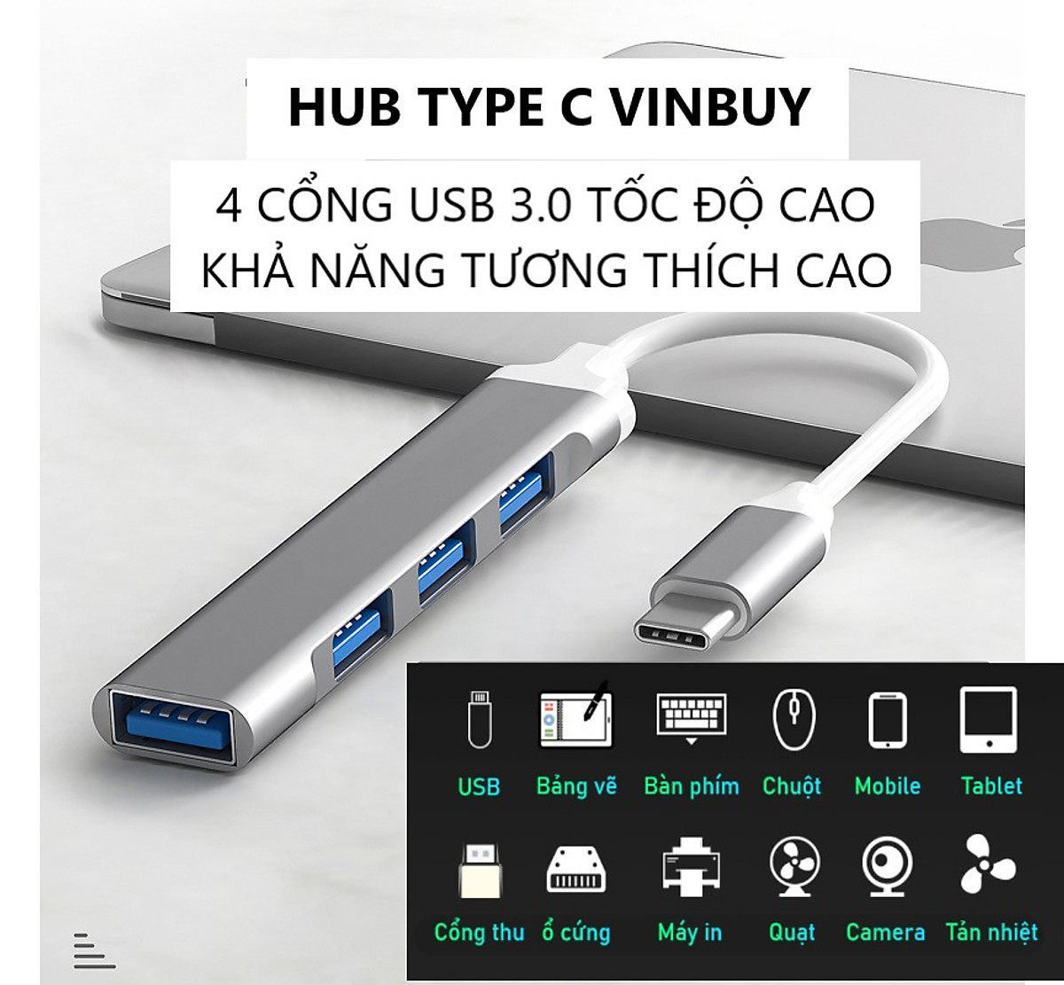 HUB TYPE C Và HUB USB 3.0 Tốc Độ Cao Chia 4 Cổng VinBuy, HUB Chuyển Đổi Dành Cho Macbook Pro Laptop PC , Thiết Bị Ổ Chia USB - Hàng Chính Hãng