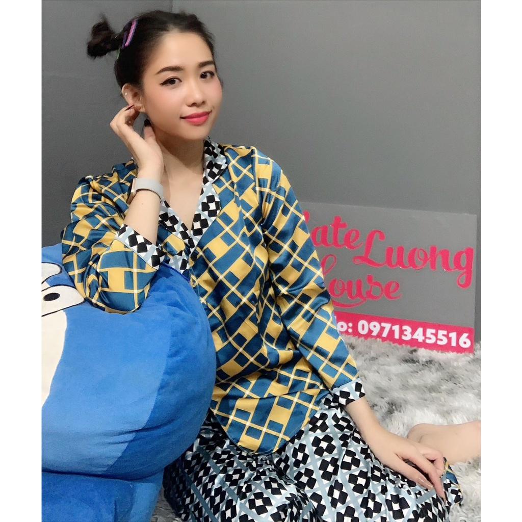 1. Đồ bộ cánh dơi Pijama Satin họa tiết lập phương dài TDQD mát mịn - KLHSTORE2018