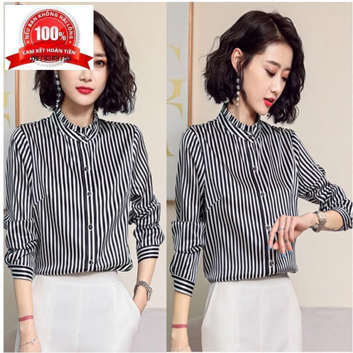 Áo sọc tay dài cổ nhún