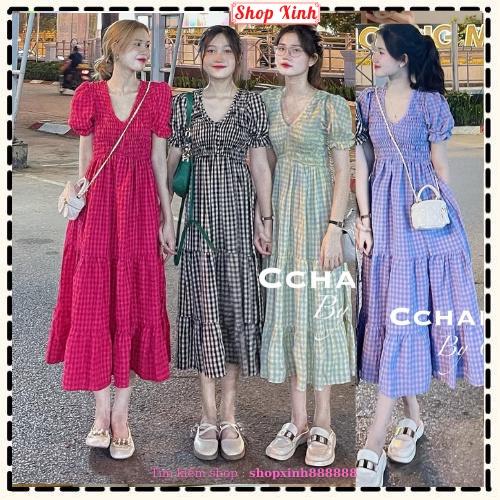 Váy Đầm Maxi Kẻ Caro Chun Eo Tay Phồng Cổ V 4 Màu Xanh/Đỏ/Đen/Tím Chất Đũi Sần Cao Cấp Cho Nàng Hẹn Hò Dạo Phố - Kẻ Đỏ