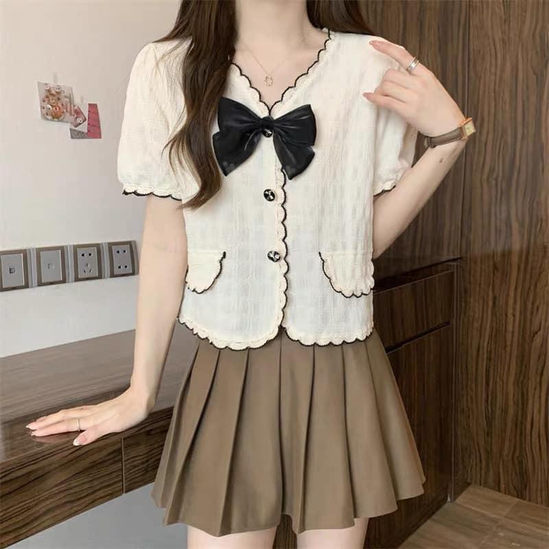 Áo sơ mi vải xốp cách điệu phối nơ đen thời trang NIEVE