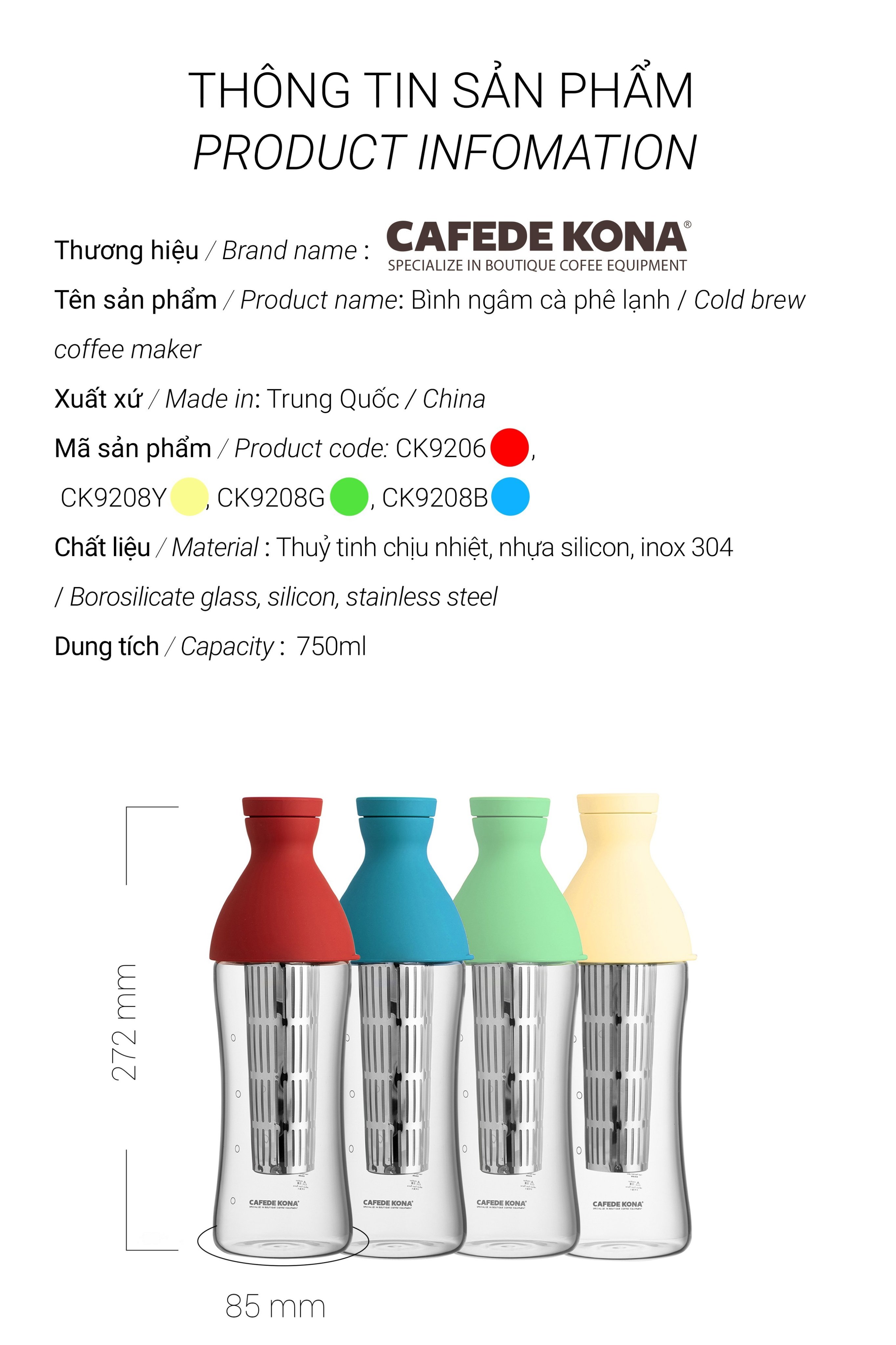 Bình chai ủ ngâm lạnh Cold brew cà phê, trà, Detox CAFE DE KONA