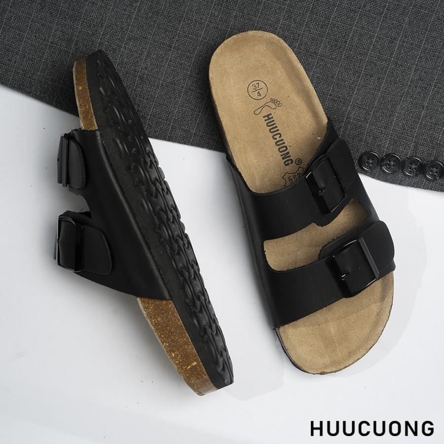 Dép unisex HuuCuong 2 khóa da bò đen đế trấu handmade