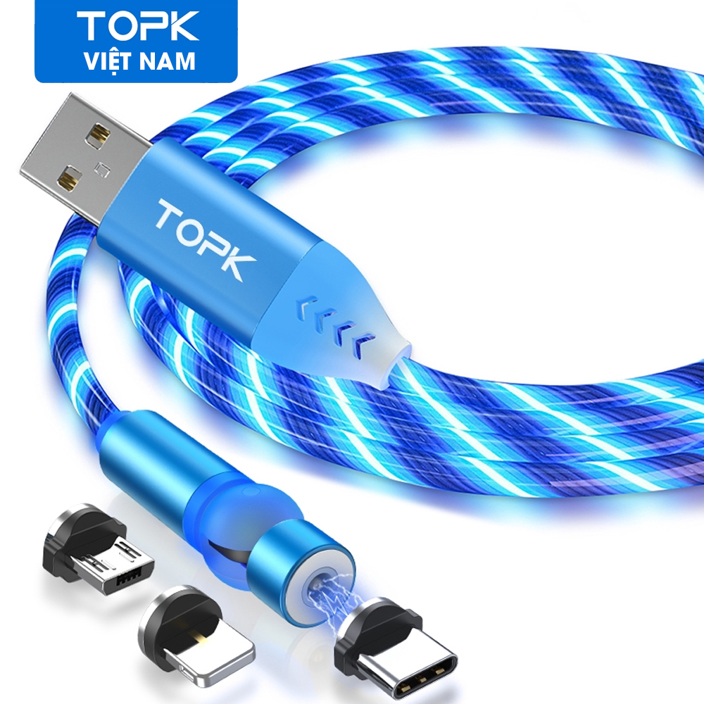 Cáp Nam Châm TOPK AM22 USB - Cáp Sạc LED Type-C, Micro, Iphone Nhiều Màu Sắc Dành Cho iPhone 11 Pro Max Xiaomi 10 HUAWEI P40 Samsung OPPO - hàng chính hãng