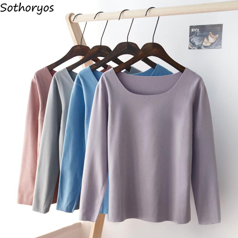 Áo Giữ Nhiệt Lót Áo Màu Trơn Dài Tay Giữ Ấm Mùa Đông Plus Nhung Mềm Mại Hàng Ngày Undershirts Cổ Tròn Liền Mạch Quần Áo