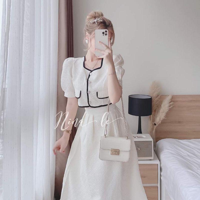 SET ÁO CROPTOP VIỀN XỐP VỚI CHÂN VÁY DÀI