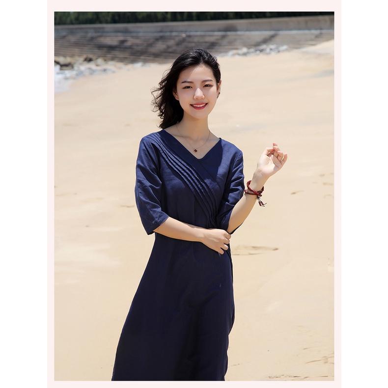 Đầm suông linen tay lỡ cổ chữ V trần trước, thời trang hè thu 2021