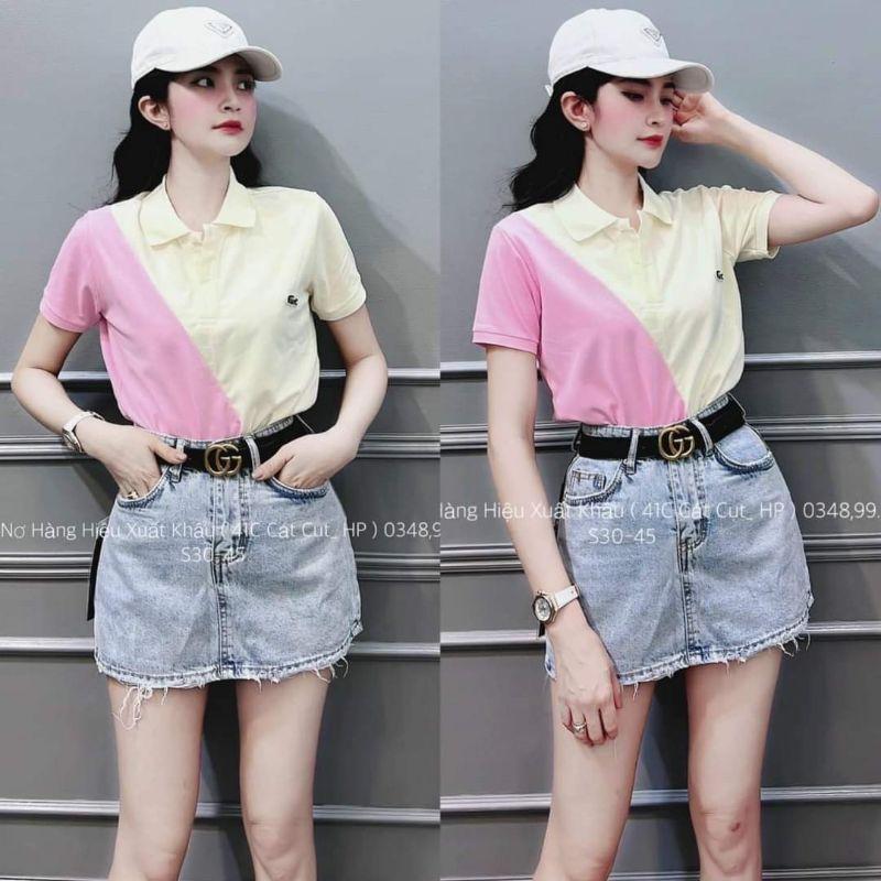 Áo thun cổ bẻ phối màu hồng - be dễ thương