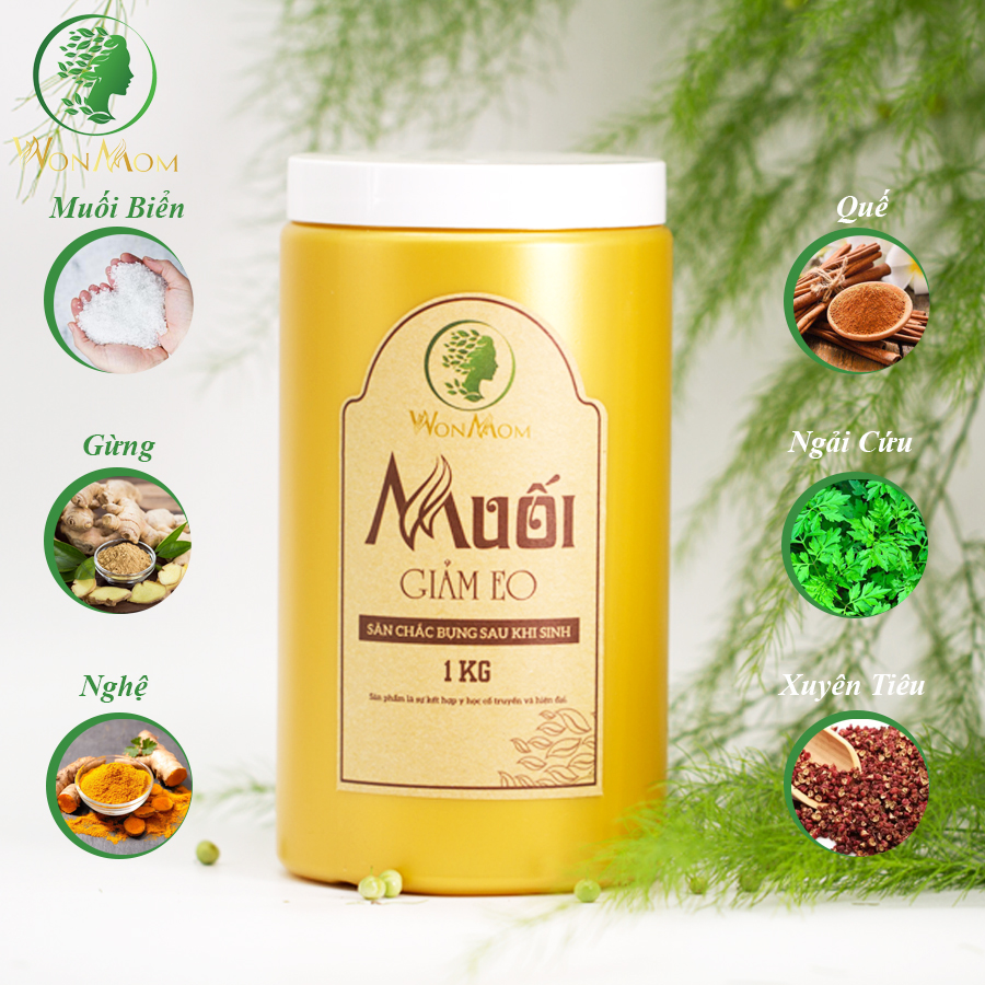 Liệu trình giảm eo sau sinh Wonmom ( 1 Hộp muối quấn bụng + 1 Dầu gừng + 1 Đai quấn muối + 1 Gen nịt bụng )
