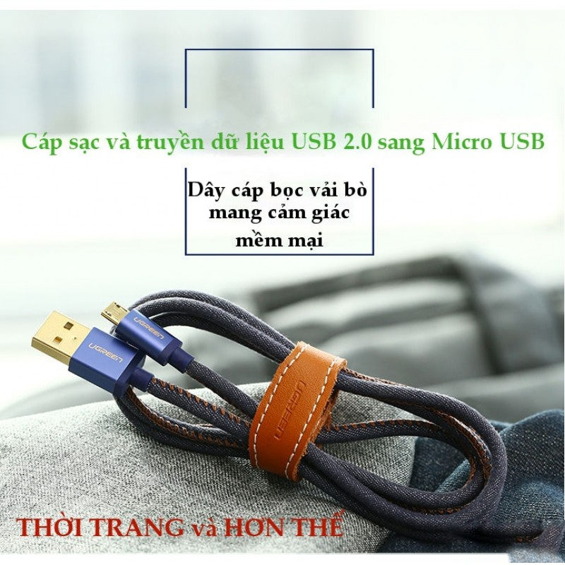 Cáp sạc và truyền dữ liệu USB 2.0 sang Micro USB vỏ bọc da bò, đầu cắm mạ vàng 24K dài 1m UGREEN 40397 - Hàng Chính Hãng