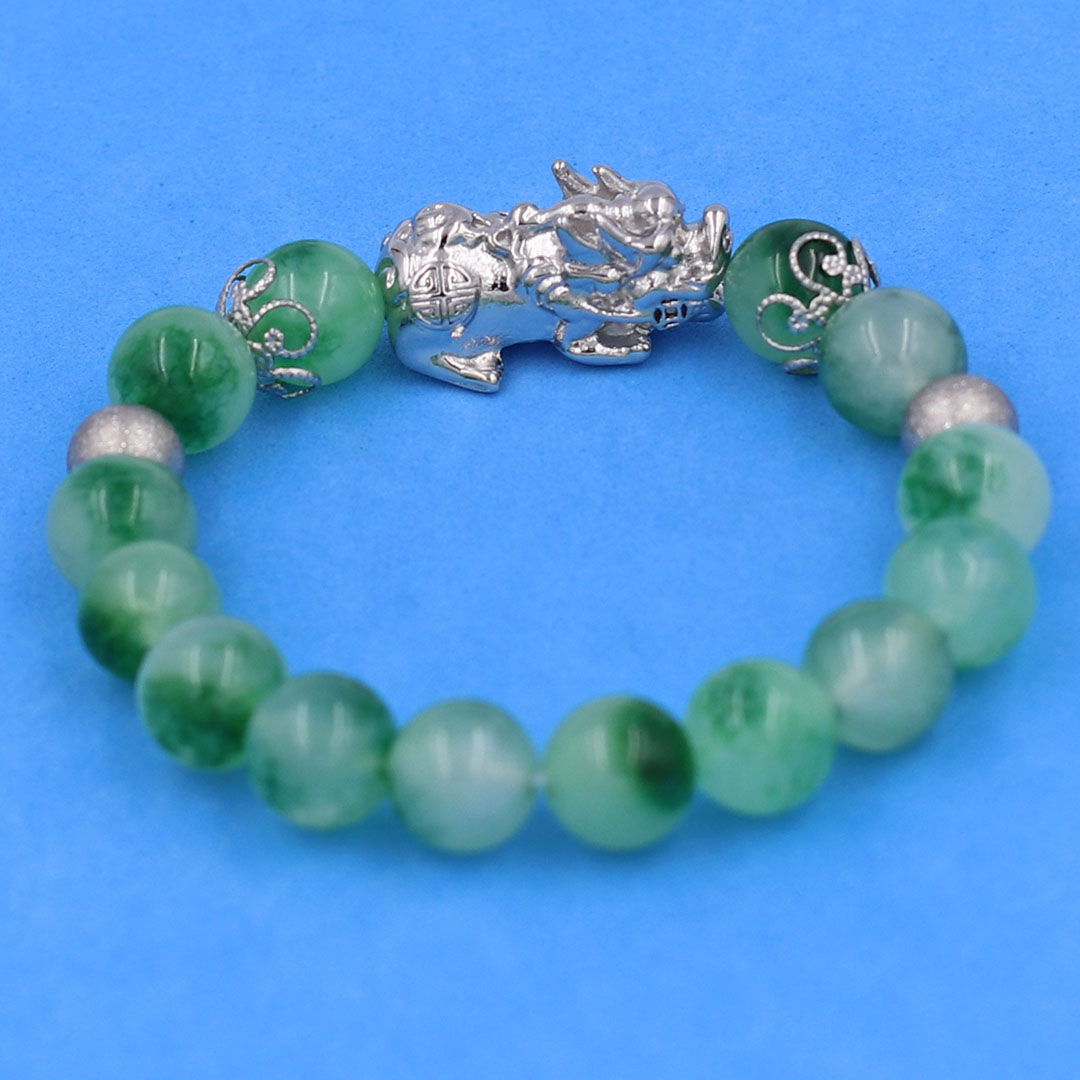 Vòng chuỗi đeo tay đá cẩm thạch xanh trắng 10 ly charm tỳ hưu inox, bi inox, khía bông inox, vòng tay phong thuỷ, vòng tay tỳ hưu