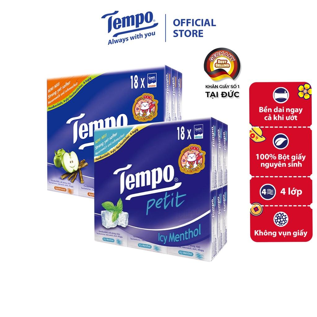 Khăn giấy bỏ túi cao cấp Tempo Petit - 4 lớp bền dai, được kiểm nghiệm da liễu - Thương hiệu Đức (Lốc 18 gói)