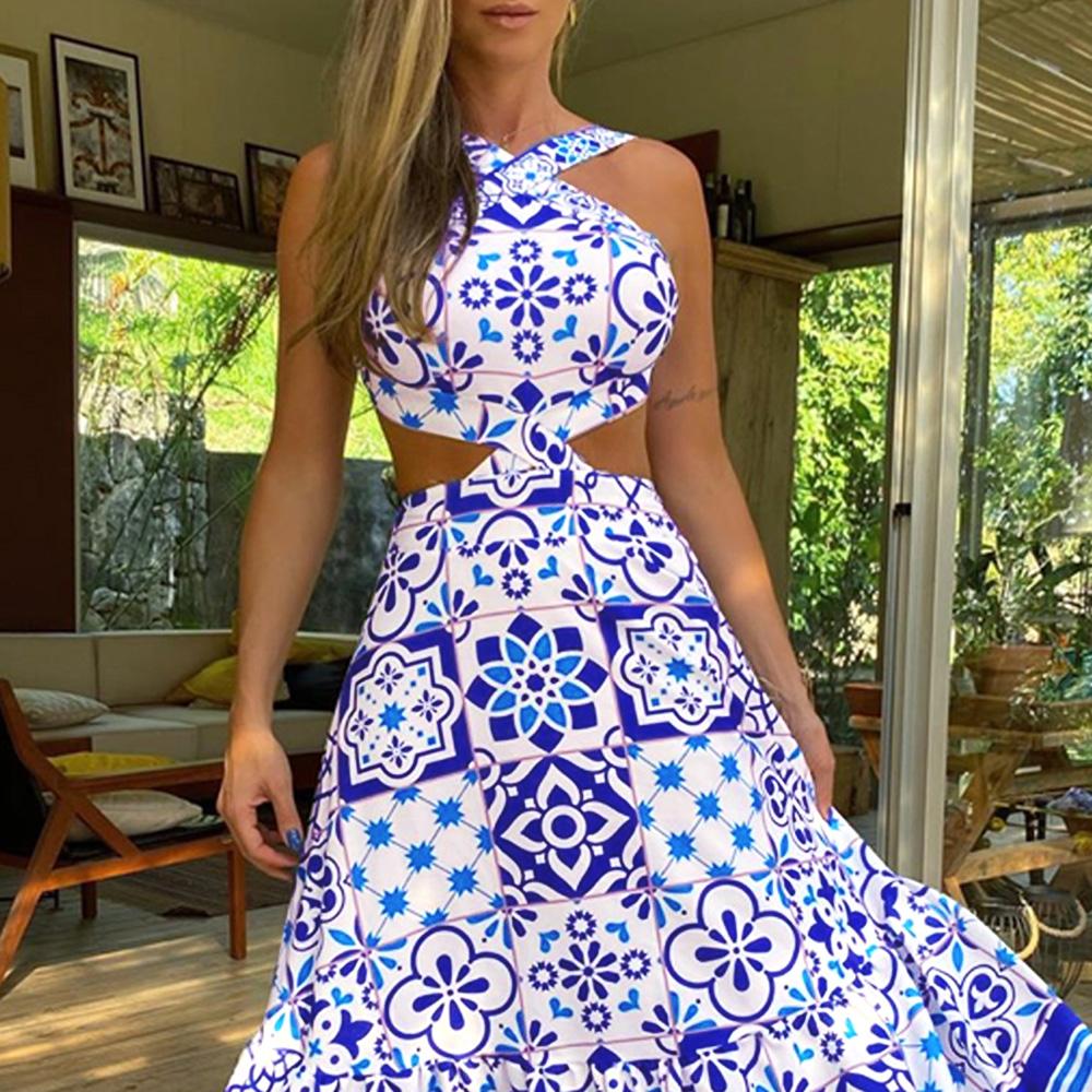 Women Halter Neck Dress Backless Vintage Print Sleeveless Long Dress Beach Holiday
