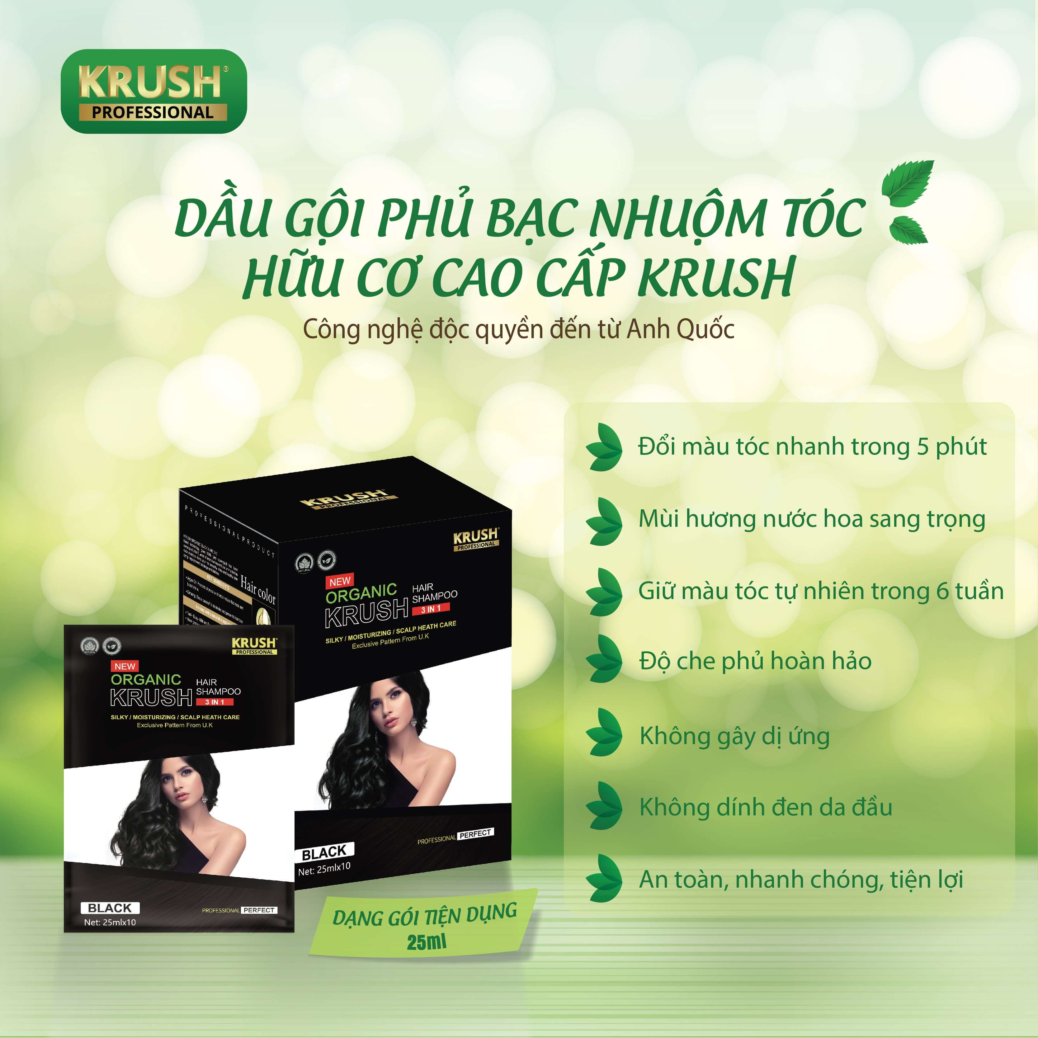 Gói dầu gội nhuộm tóc hữu cơ Krush Professional Anh Quốc [25ml/Gói - Đen Tự Nhiên