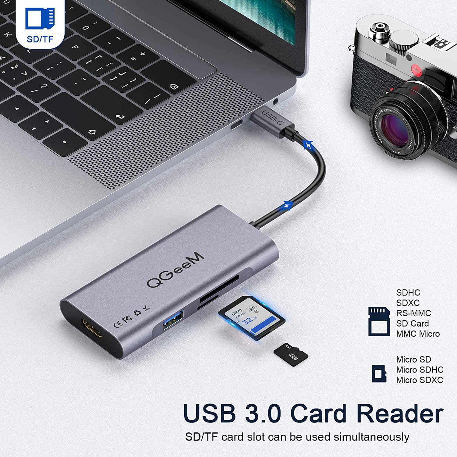 Bộ Hub USB C QGeeM 7 trong 1 4K Type C sang HDMI, 3 x USB 3.0, 1 x USB-C sạc nhanh PD 100w, 1 khe đọc thẻ SD&amp;TF tương thích với MacBook Pro 13/15 (Thunderbolt 3), 2018 Mac Air, Chromebook Type C Adapter - Hàng Chính Hãng