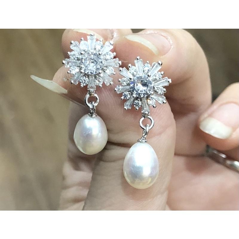Bông Tai Bạc S925 Hình Bông Tuyết Đính Hạt Ngọc Trai Thật Nước Ngọt 10ly - Trường Thịnh Ngọc Trai