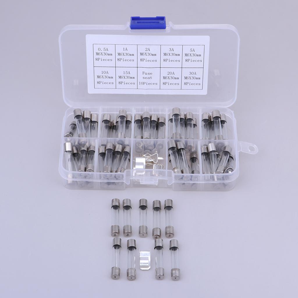 72 Pcs Electronics Quick Blow Glass Tube Fuse Assortment Kit 6*30mm 0.5A~30A