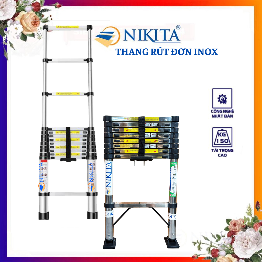 Thang INOX rút đơn nhập khẩu gấp gọn, chống trượt, tiện dụng, an toàn, nhiều kích thước, sản phẩm mới Nikita 2024
