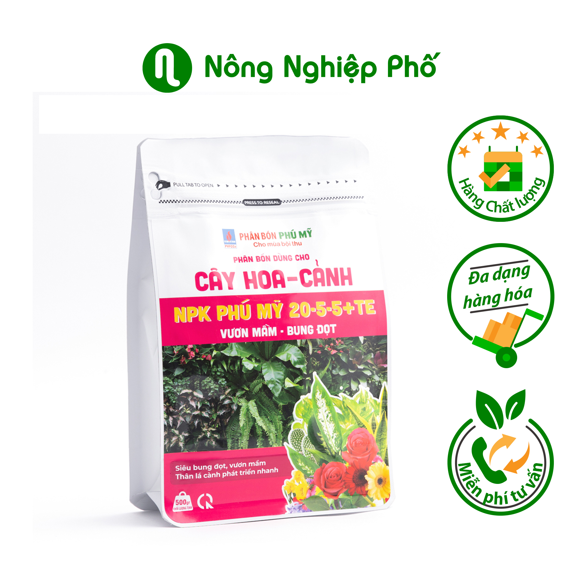 Phân bón NPK Phú Mỹ 20-5-5+TE Cây hoa - cảnh - Gói 500gram